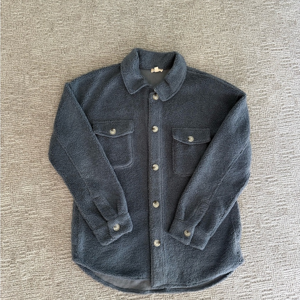 Cozy Steel Blue Button-Up Sherpa Jacket